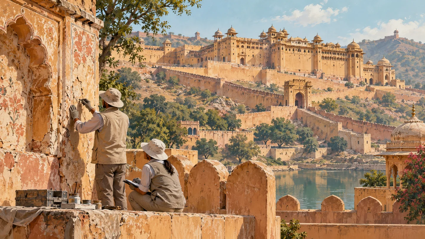 आमेर किले से प्रेरित सांकेतिक विरासत संरक्षण दृश्य — एआई डेमो चित्र, वास्तविक घटना की तस्वीर नहीं
