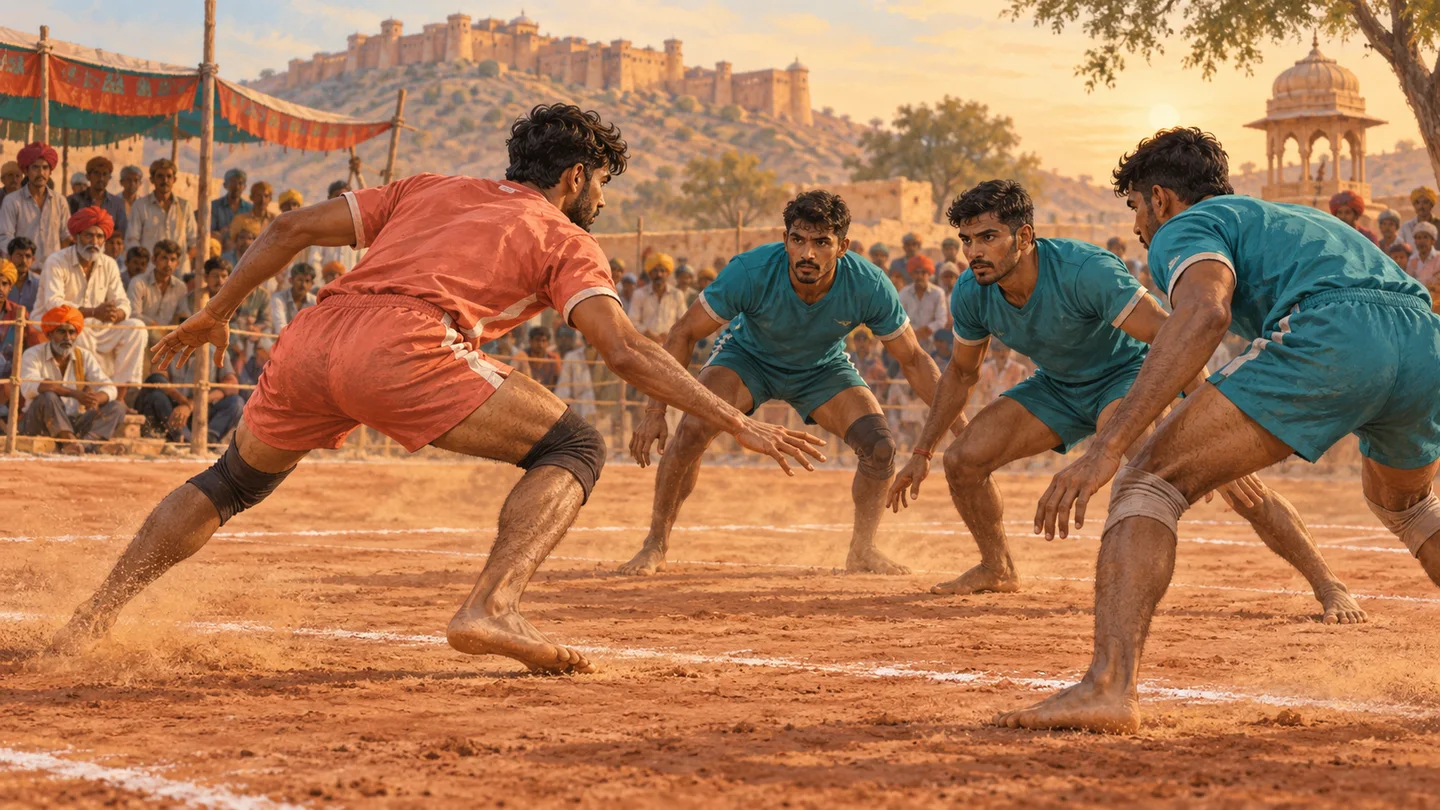 राजस्थान से प्रेरित मैदान में सांकेतिक कबड्डी मुकाबला — एआई डेमो चित्र, वास्तविक घटना की तस्वीर नहीं