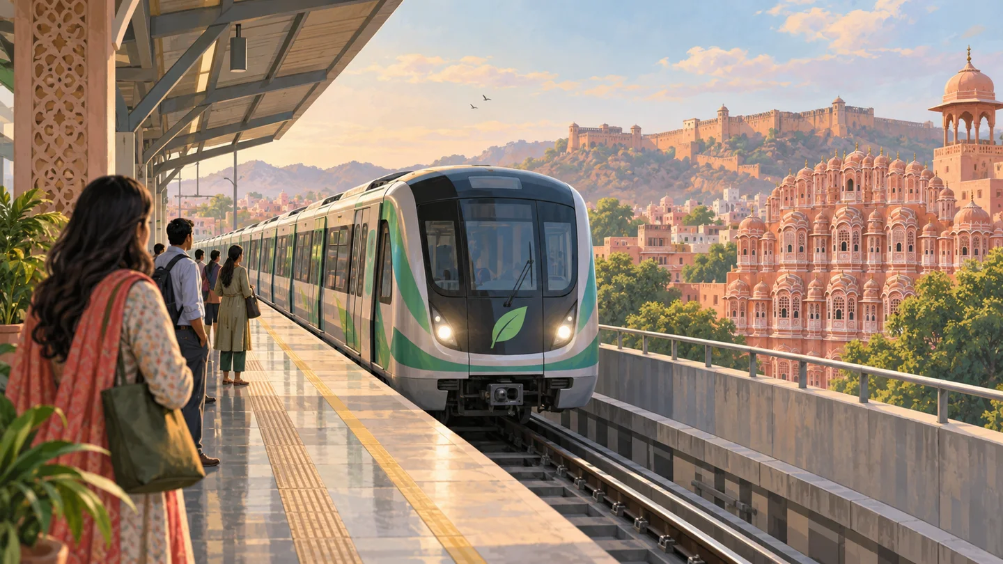 जयपुर के सांकेतिक स्टेशन पर मेट्रो और यात्री — एआई डेमो चित्र, वास्तविक घटना की तस्वीर नहीं